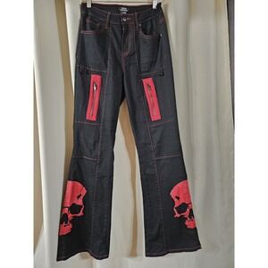 NWT Hot Topic Social Collision Black & Red Skull Suspender Flare Pants size 9